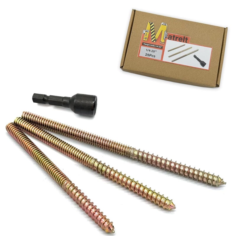 Matrelt 25 Pack 1/4-20" Hanger Bolts 3 Long Sizes Include1 pcs Hanger Bolt Driver Double Headed Bolts Wood Dowel Screw Self-Tapping Screw for Furniture Screws Wood Screws Double Threaded Rods - Image 1
